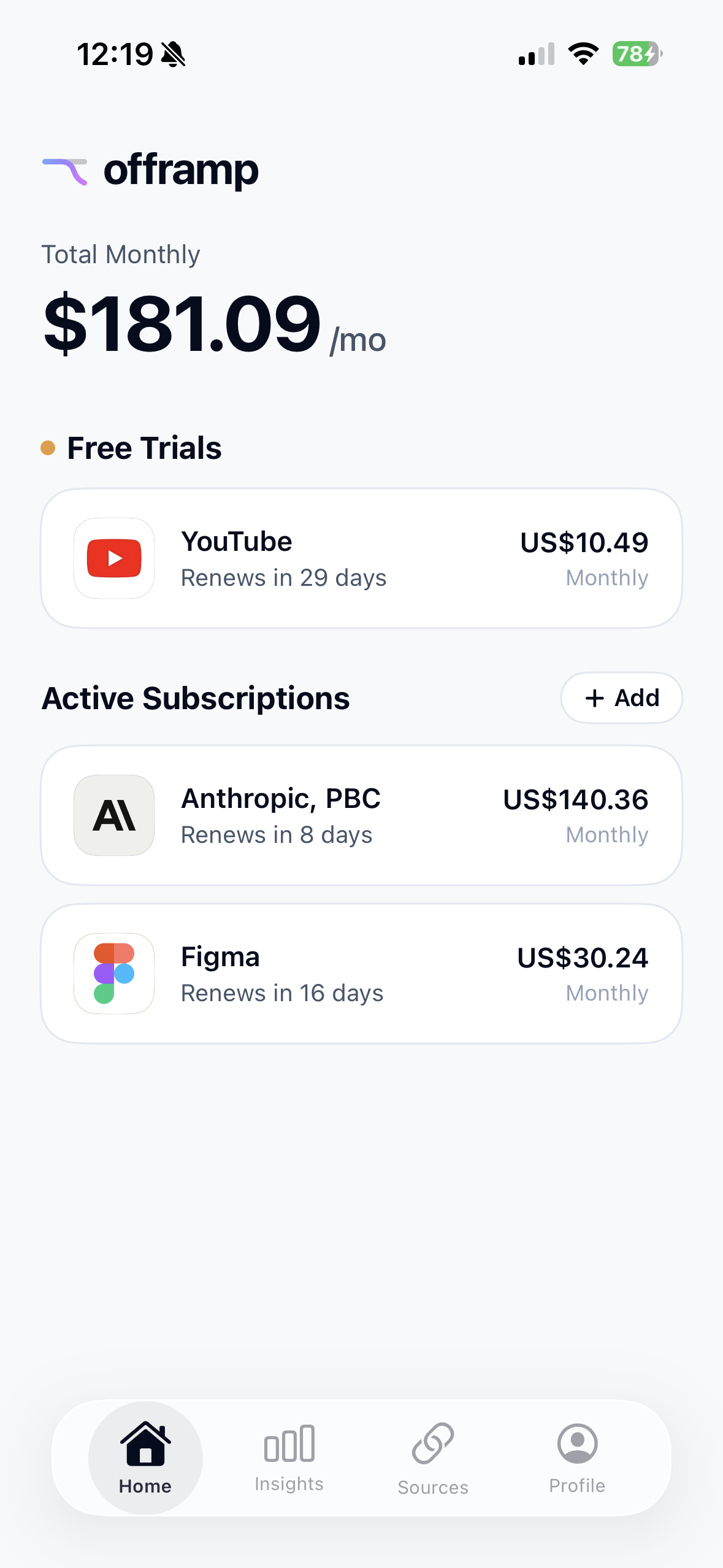 Offramp app — home screen showing total monthly spend, free trials, and active subscriptions